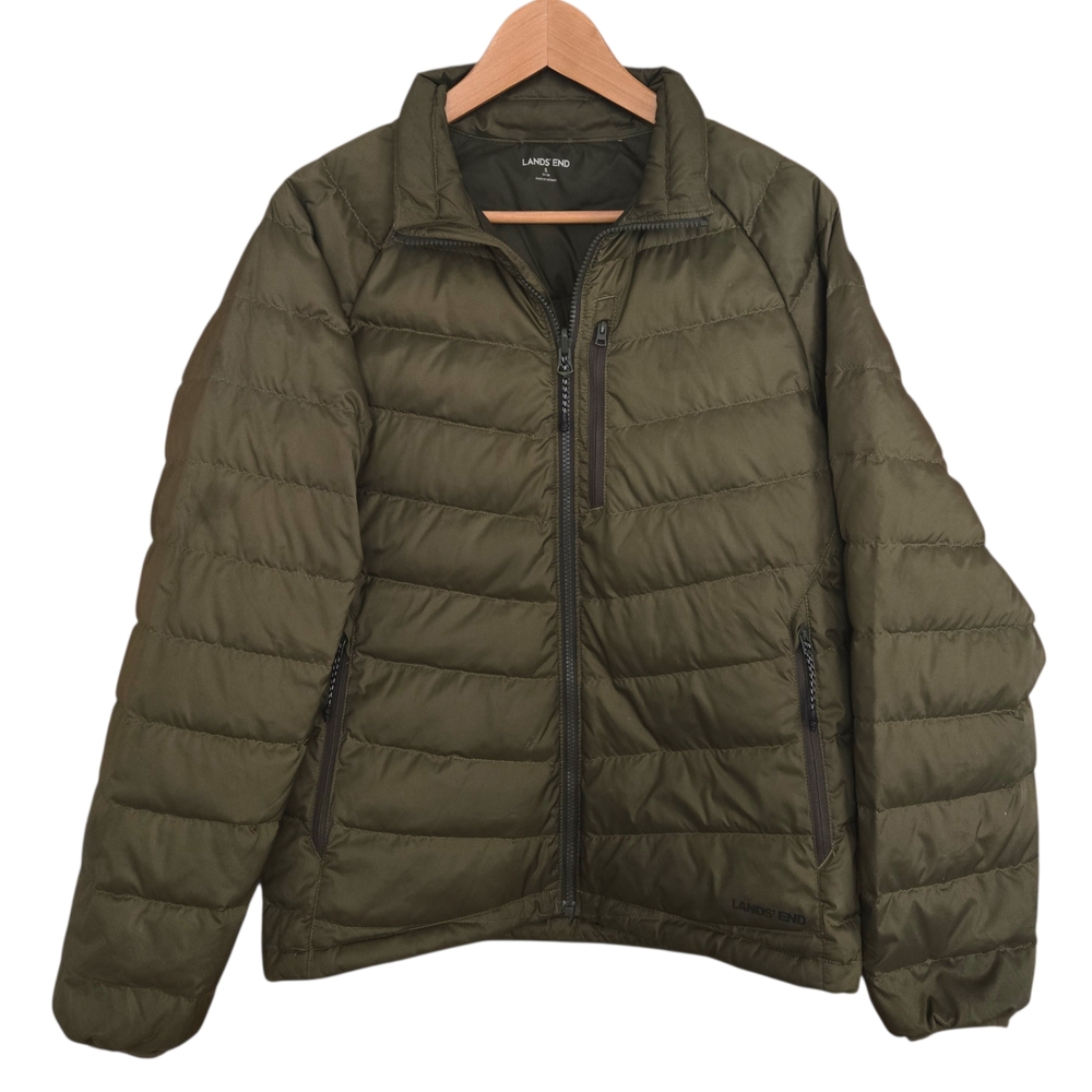 Lands' End 800 Down Packable Puffer Jacket Mens Size S 34-36 Olive Full Zip